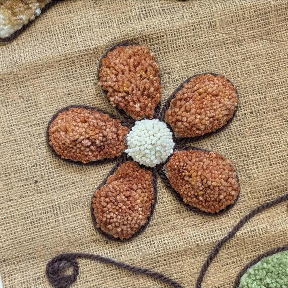 Groovy 1970s Vintage Burlap Wall Hanging with Owl & Flowers